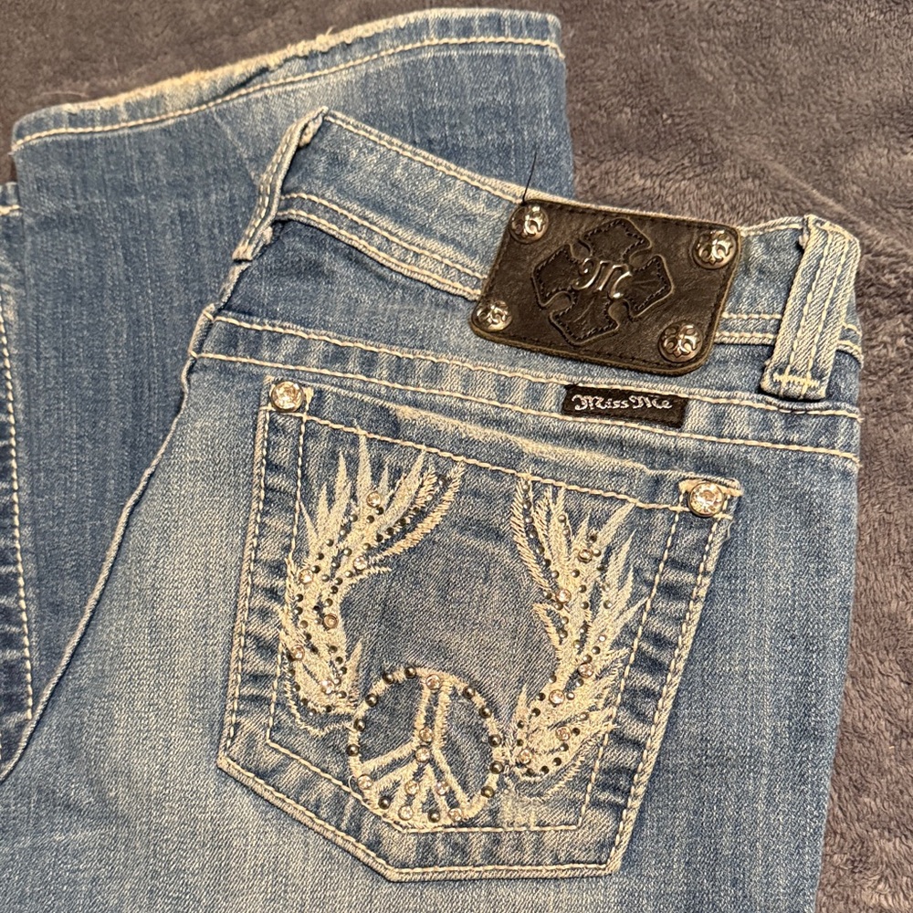 Miss Me Blue Boot Cut Jeans with Embellished Peace Sign